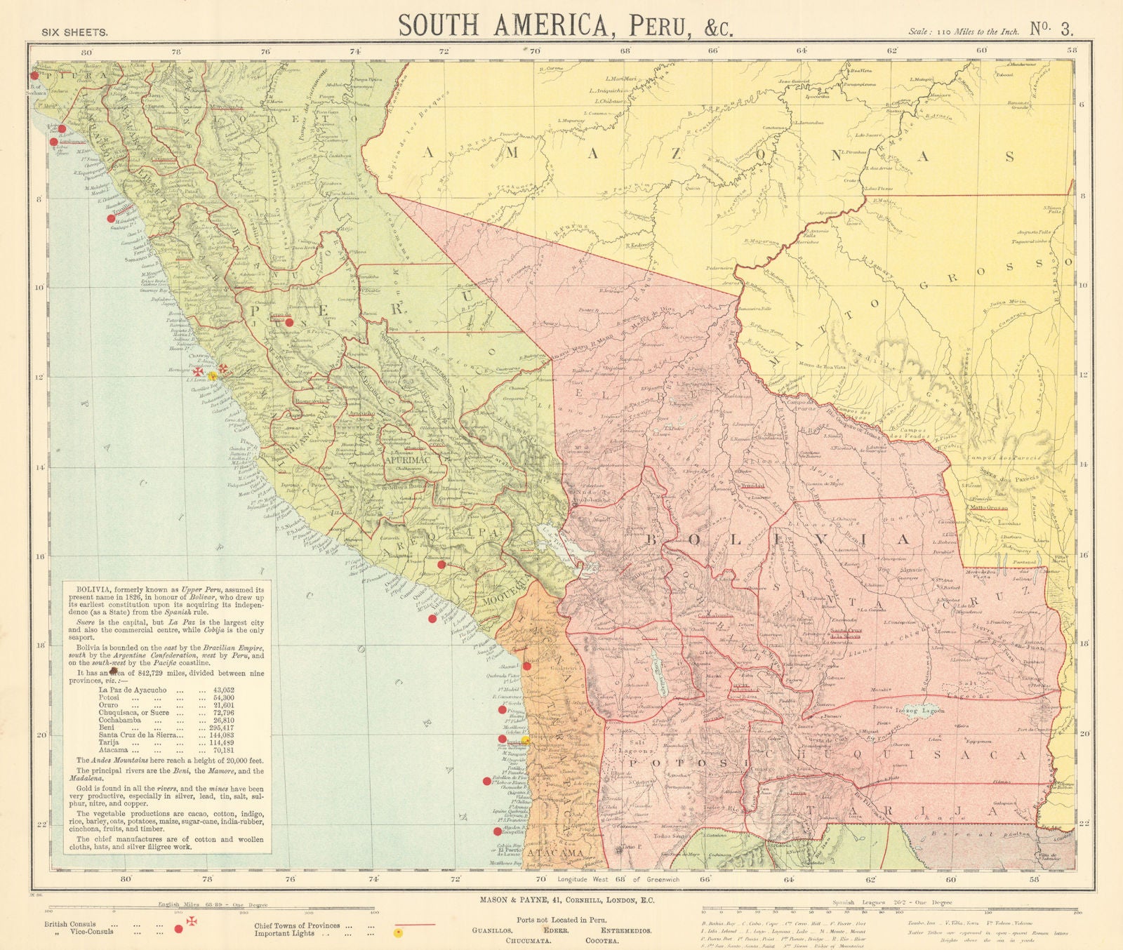 BOLIVIA PERU Amazonas Chile. Lighthouses British Consuls. LETTS 1892 old map